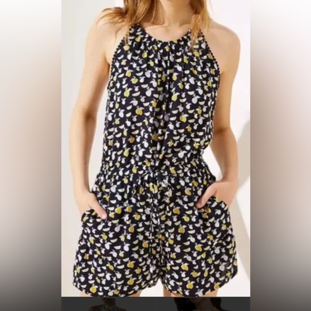 Ann Taylor Loft halter lemon print romper XS petite  pom pom trim drawstring